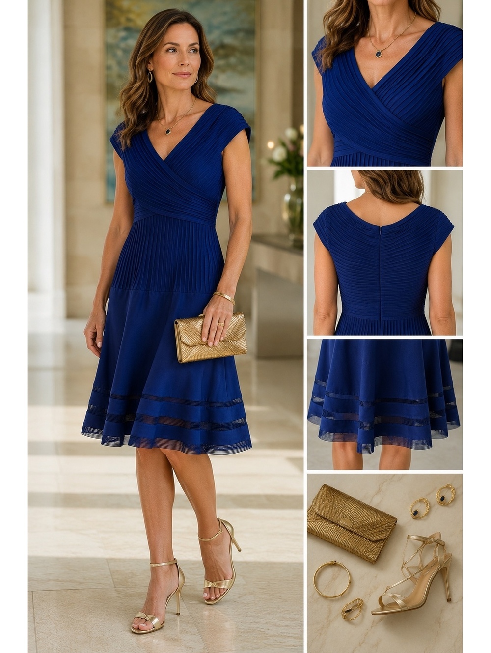 NWT Tadashi Shoji Royal Blue Pleated Fit & Flare Cocktail Dress L
